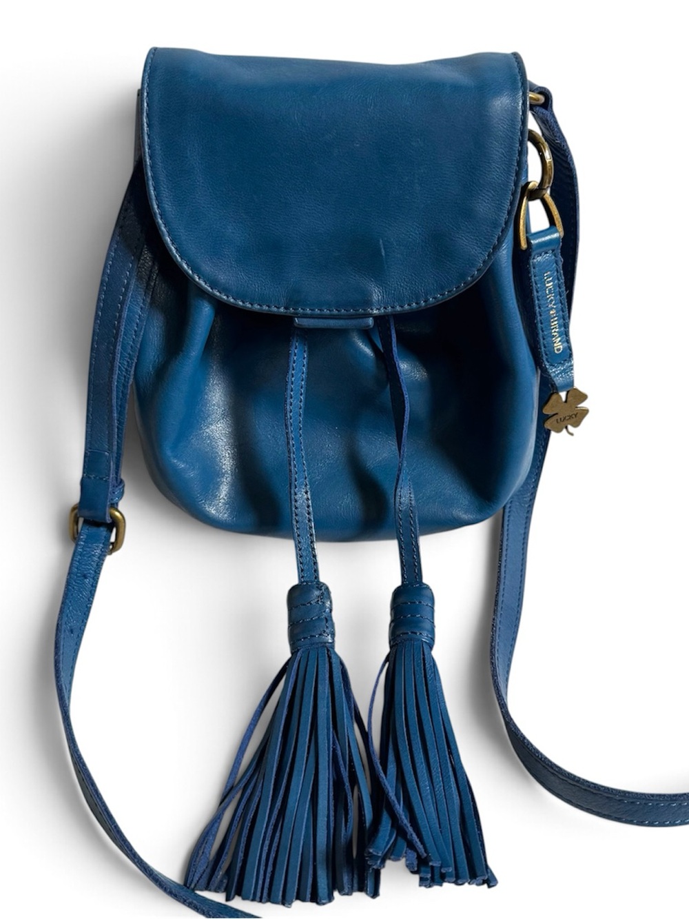 Lucky Brand Jordan Mini Blue Leather Drawstring Bucket Bag Purse Tassel Boho Y2K